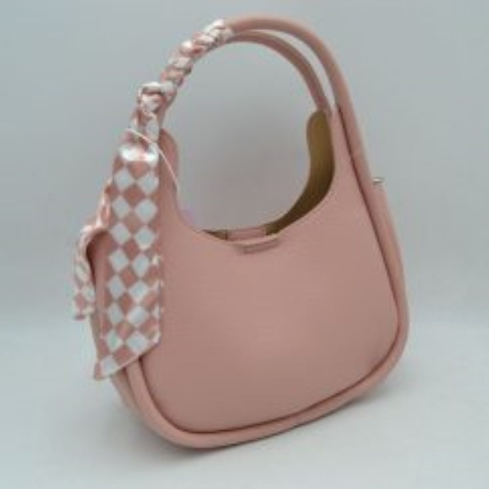 Pink Embrace a sleek, modern aesthetic with this beautifully contoured hobo shoulder bag, designed to add an effortless touch of class to your collection. Featuring a classic crescent-shaped silhouette and a premium pebble-textured finish, this handbag provides excellent durability while maintaining its upscale, structured look. The sleek top shoulder strap is chicly wrapped with a removable checkerboard print accent scarf, offering a subtle nod to vintage elegance.