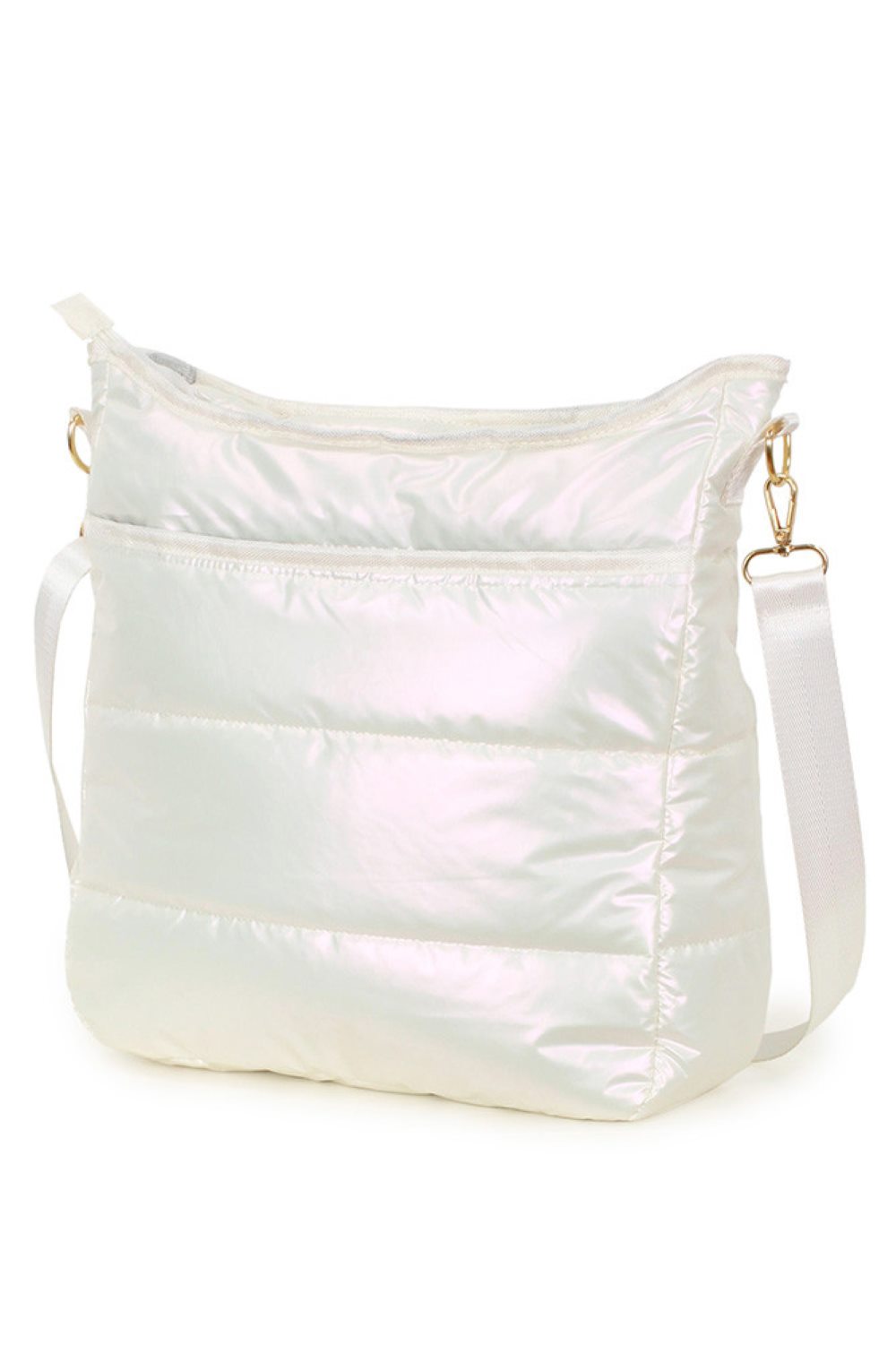 Platinum Elevate your everyday carry with this Solid Puffy Crossbody Bag. Crafted from durable 100% polyester, it features a quilted puffy design that's both stylish and practical. With generous dimensions of 12" x 13" x 4", you'll have plenty of space for your essentials while keeping your hands free. The crossbody strap makes it perfect for on-the-go convenience, whether you're running errands, traveling, or heading out for the day.
