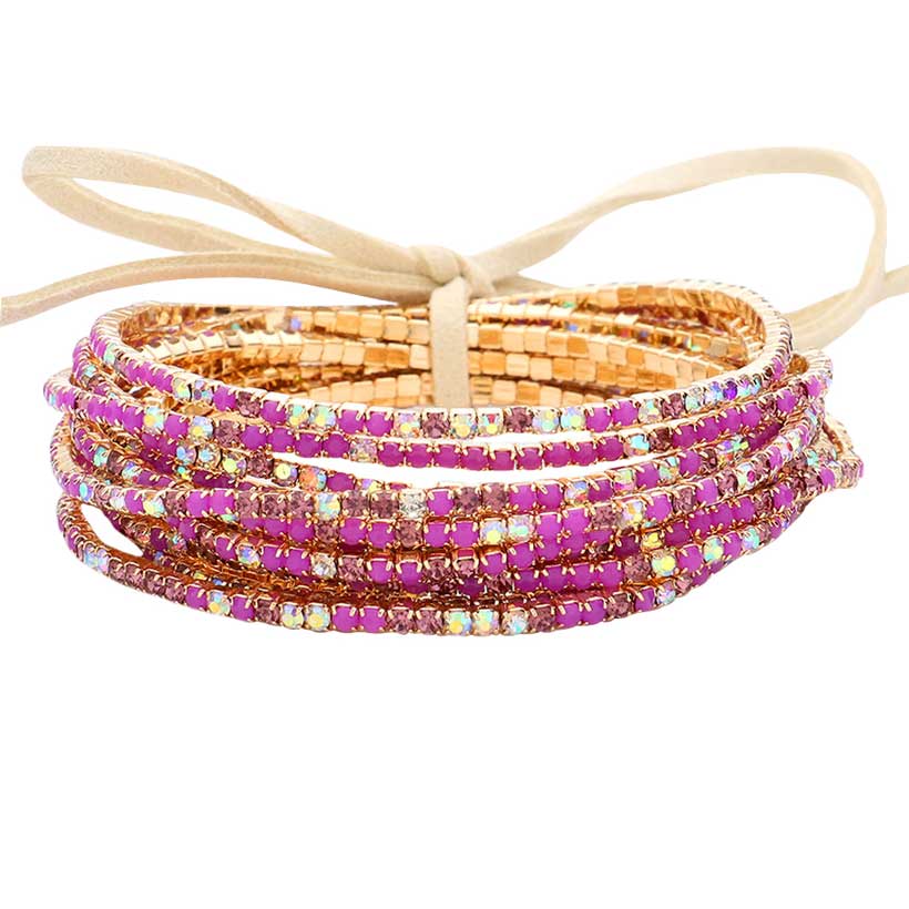 Purple 12PCS Ribbon Colorful Rhinestone Layered Stretch Bracelets. This Rhinestone Stretch Bracelet sparkles all around with it's surrounding round stones, stylish stretch bracelet that is easy to put on, take off and comfortable to wear. It looks modern and is just the right touch to set off LBD. Perfect jewelry to enhance your look. Awesome gift for birthday, Anniversary, Valentine’s Day or any special occasion.