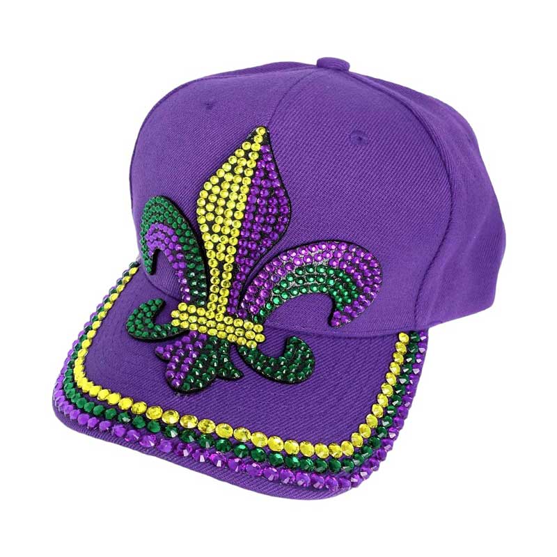 Purple Bing Studded Mardi Gras Fleur de Lis Baseball Cap: an eye-catching piece with a unique Mardi Gras design. Made with stylish studs and a bold Fleur de Lis emblem, this cap is perfect for adding a touch of festive charm to any Mardi Gras outfit. Get ready to celebrate Mardi Gras events in style!