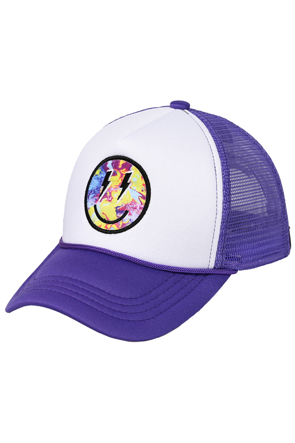 Purple C.C Lightning Bolt Eyes Smiley Face Trucker Cap is a fun and stylish accessory for any outfit. With its unique lightning bolt eye design and breathable mesh back, you'll not only look great but also stay cool and comfortable. Perfect for adding a touch of personality to your everyday look.