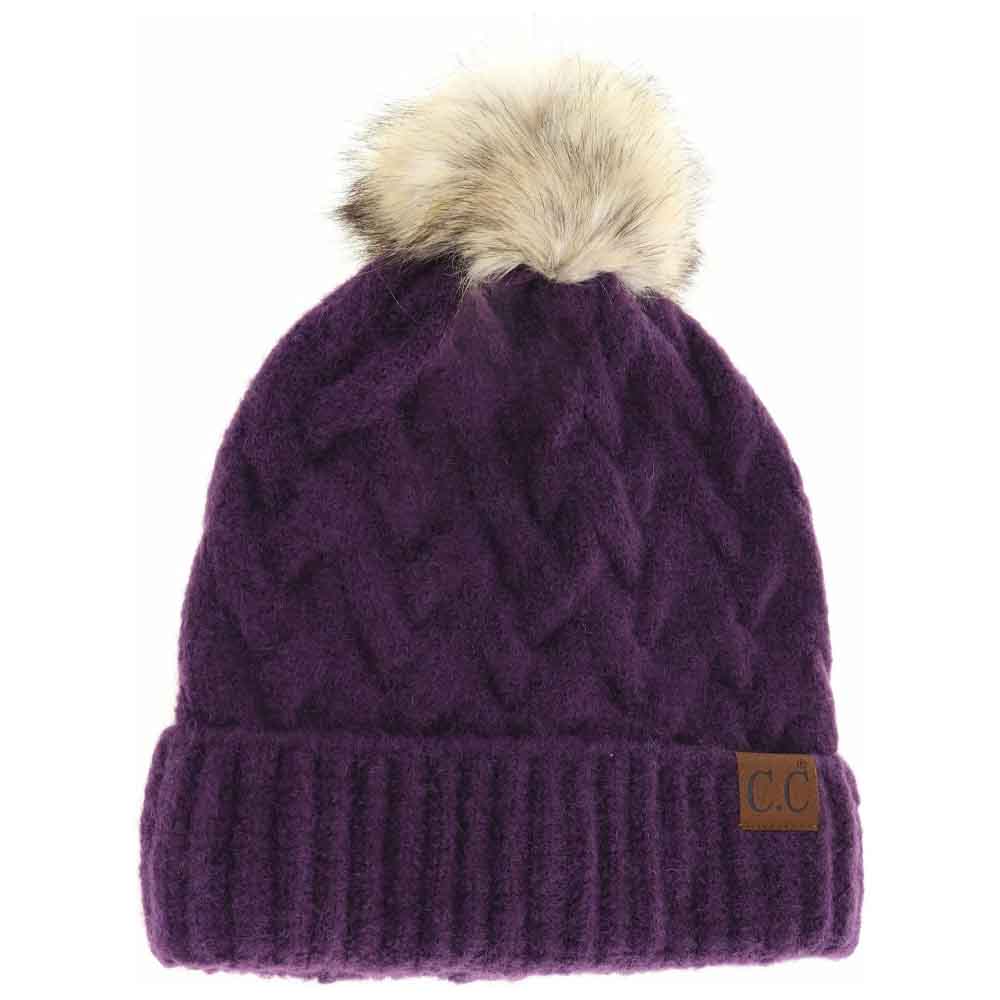 Purple Chunky Braided Cable Knit Fur Pom C.C Beanie combines classic craftsmanship with modern warmth. Expertly knit with thick braided cables, this beanie provides robust insulation against cold weather. The plush fur pom adds a refined, textured accent, enhancing both style and comfort. Designed for a snug yet flexible fit, it offers reliable protection for winter activities while elevating your everyday cold-weather wardrobe. 