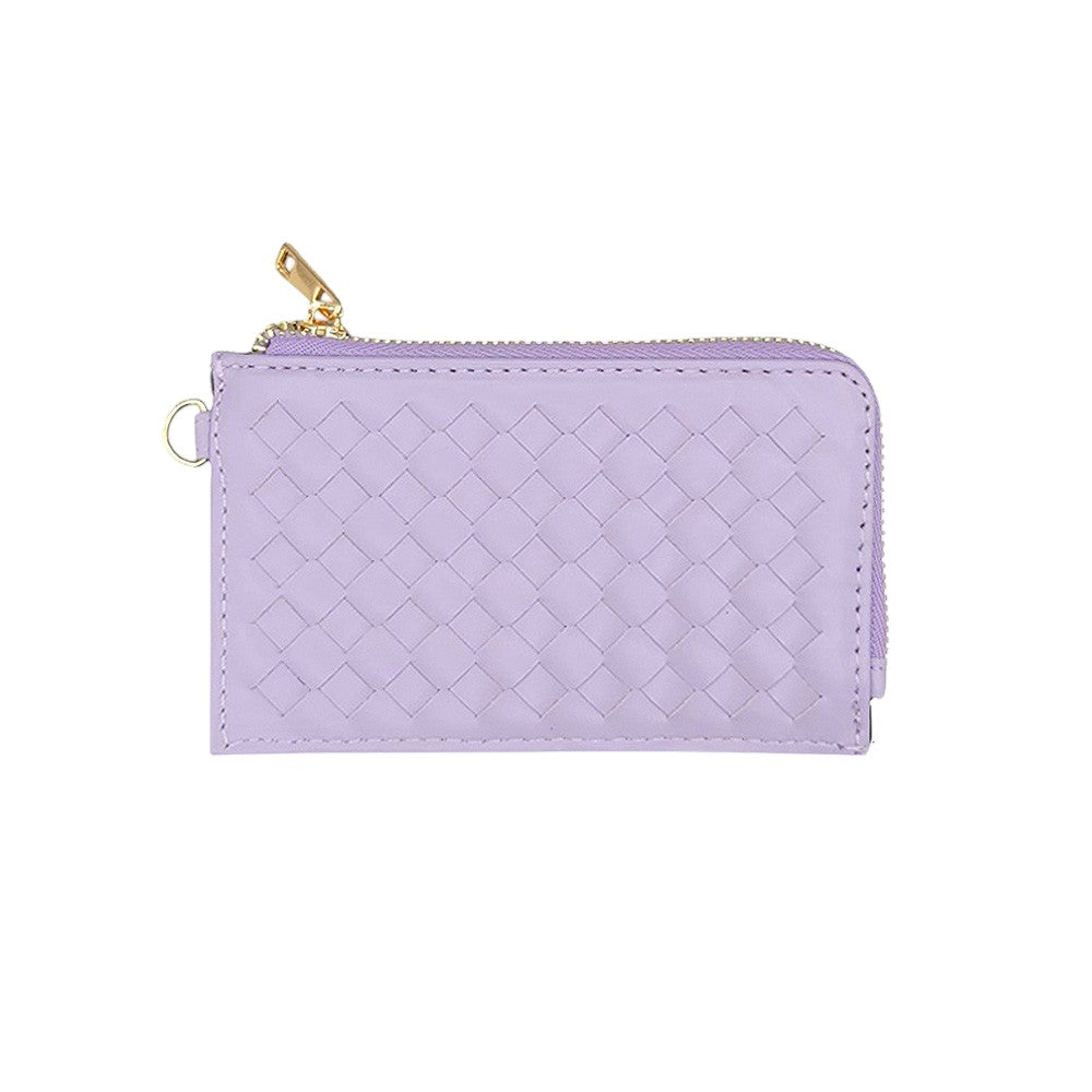 Faux Leather Basket Weave Flat Card Holder Wallet with Wristlet - Lavender - Wallets
