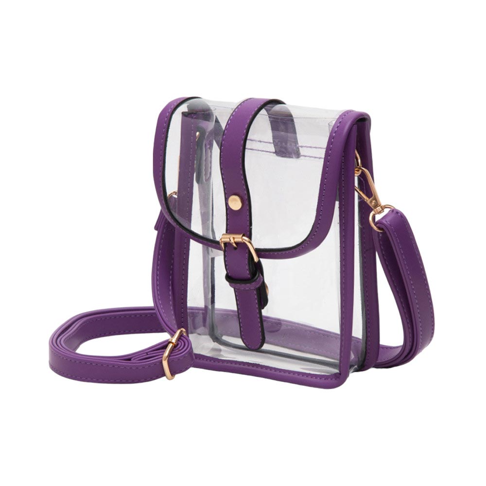 Purple-Faux Leather Belt Buckle Pointed Transparent Crossbody Bag , Expertly crafted from faux leather, this crossbody bag features a unique pointed design and transparent material, making it a modern and fashionable accessory. The belt buckle adds a touch of edginess, while the spacious interior allows for convenient storage