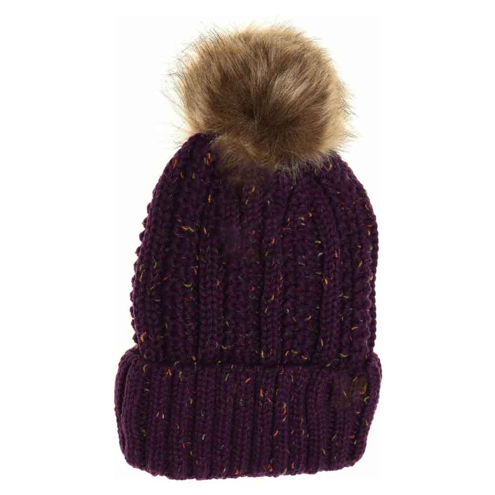 Fuzzy Lined Flecked Fur Pom C.C Beanie - Purple - Beanies