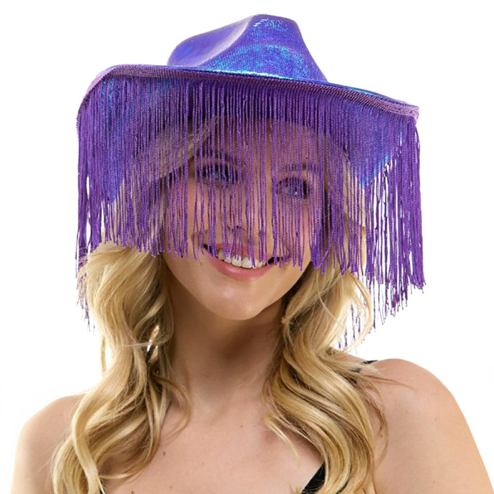 Purple Shiny Western Cowboy Hat with Fringe is the perfect accessory for any Western-themed event. Made with high-quality materials, this hat features a classic cowboy design with a touch of modern shine. Stay on trend and make a statement with this stylish and durable hat.