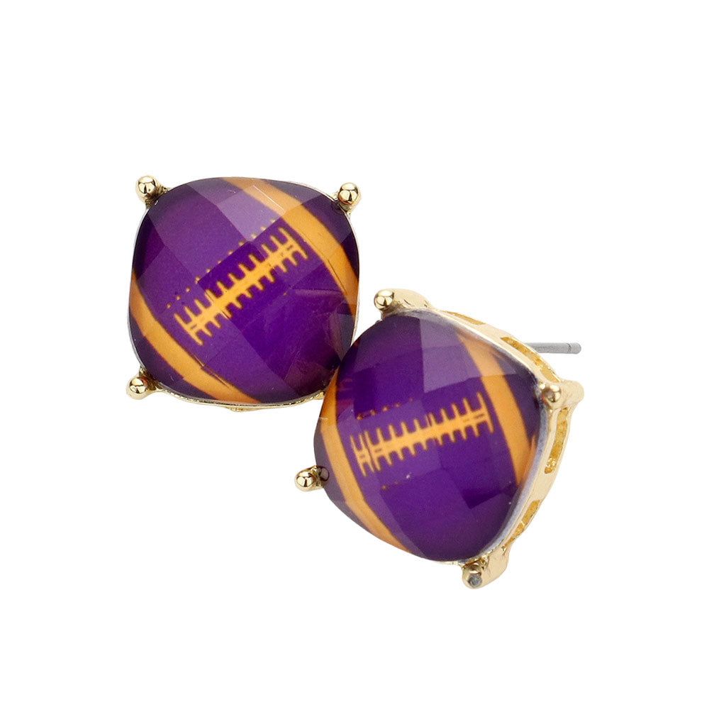 Purple Yellow Game Day Football Cushion Square Stud Earrings, are beautifully crafted with a plated brass base and coated in a clear enamel finish. Perfect gift for sports lovers, these stylish Game Day Football Cushion Square Stud Earrings are sure to make a statement. Perfect for football match day, Beach Party, and Party Earrings