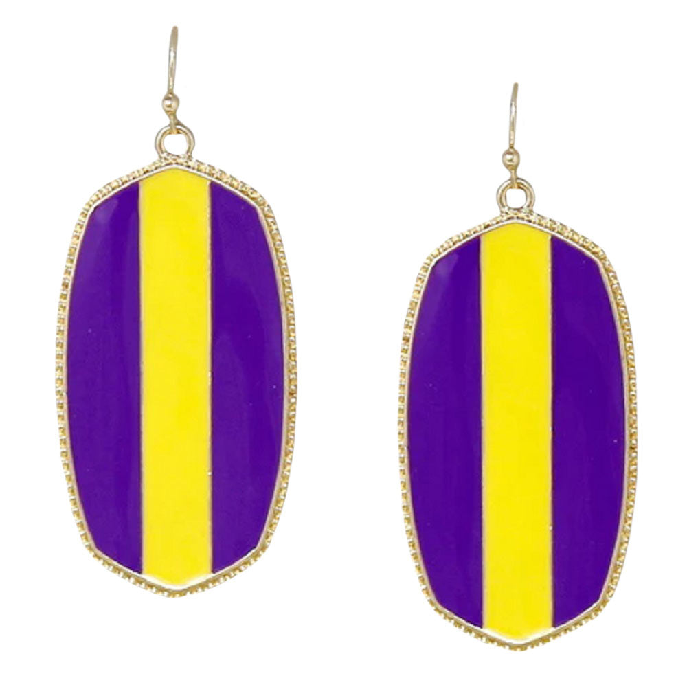 Purple Yellow Game Day Hexagon Frame Enamel Drop Earrings, adorn yourself with game day drop earrings! Take your love for statement accessorizing to a new level of affection with these hexagon frame enamel drop earrings! These beautifully unique designed earrings with beautiful colors are suitable as gifts for wives, girlfriends, lovers, friends, and mothers. Perfect gift for those who are sports lovers. Get ready to make a sartorial statement! Awesome everyday day wear pairs well with any outfit.