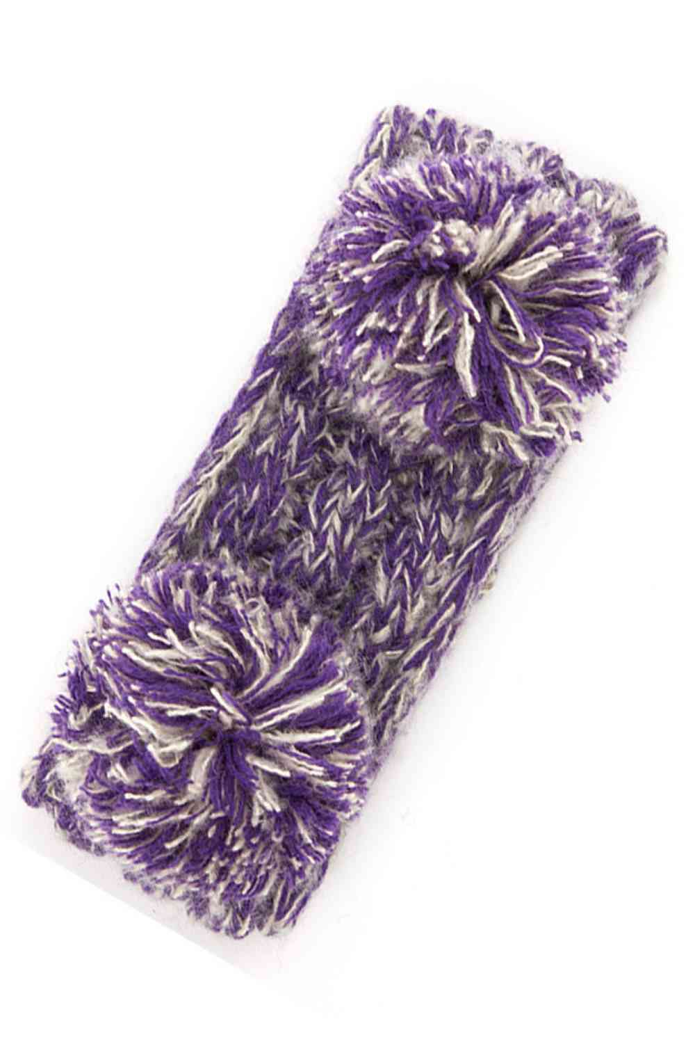 Purple Cozy two-tone kids head wrap featuring a soft fuzzy lining for extra warmth and comfort. Double pom-pom design adds playful style perfect for cold weather. Crafted from 100% acrylic for durability and easy care. One size fits most children. A practical accessory that keeps little ones warm while looking adorable.