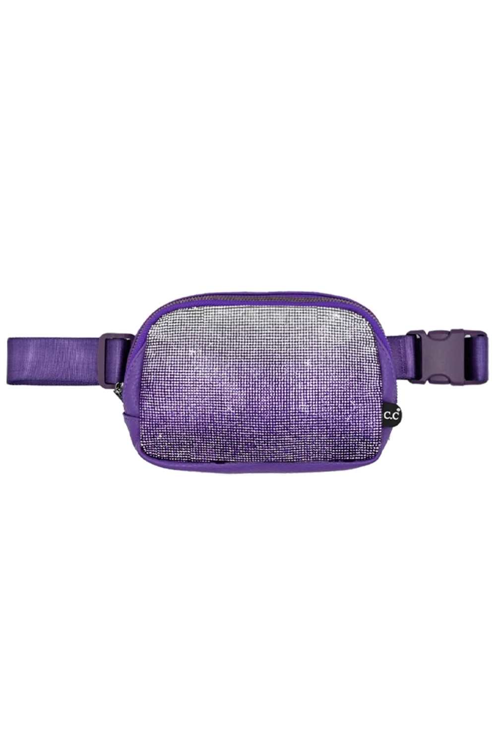 Purple Elevate your accessory game with the C.C Ombre Rhinestone Fanny Pack. This eye-catching piece features a stunning ombre design adorned with sparkling rhinestones that catch the light beautifully. Crafted from a durable blend of 50% PU and 50% polyester, it's built to last through all your adventures. With compact dimensions of 8.75" x 6" x 2", this fanny pack offers practical storage without the bulk. 
