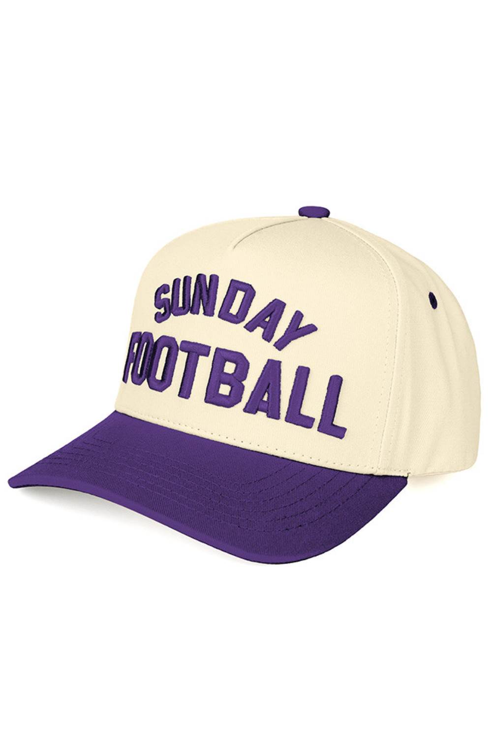 Purple C.C SUNDAY FOOTBALL Embroidered Two Tone Baseball Trucker Cap Snapback Celebrate game day in style with this classic trucker cap featuring bold embroidered SUNDAY FOOTBALL branding. The two-tone design combines timeless appeal with modern comfort, perfect for football fans and casual wear alike. Crafted from 100% cotton for breathability and durability. The adjustable snapback closure ensures a comfortable fit for most head sizes, with a circumference of 22.5". Made in Vietnam with quality constructi