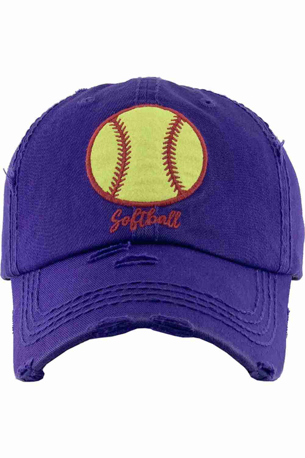 Purple Show your love for the game with the Softball Vintage Distressed Baseball Cap, designed with a washed finish and classic curved brim for a relaxed, timeless look. Crafted from breathable cotton with an adjustable back closure, this cap offers comfortable all-day wear perfect for practices, games, or casual outings.