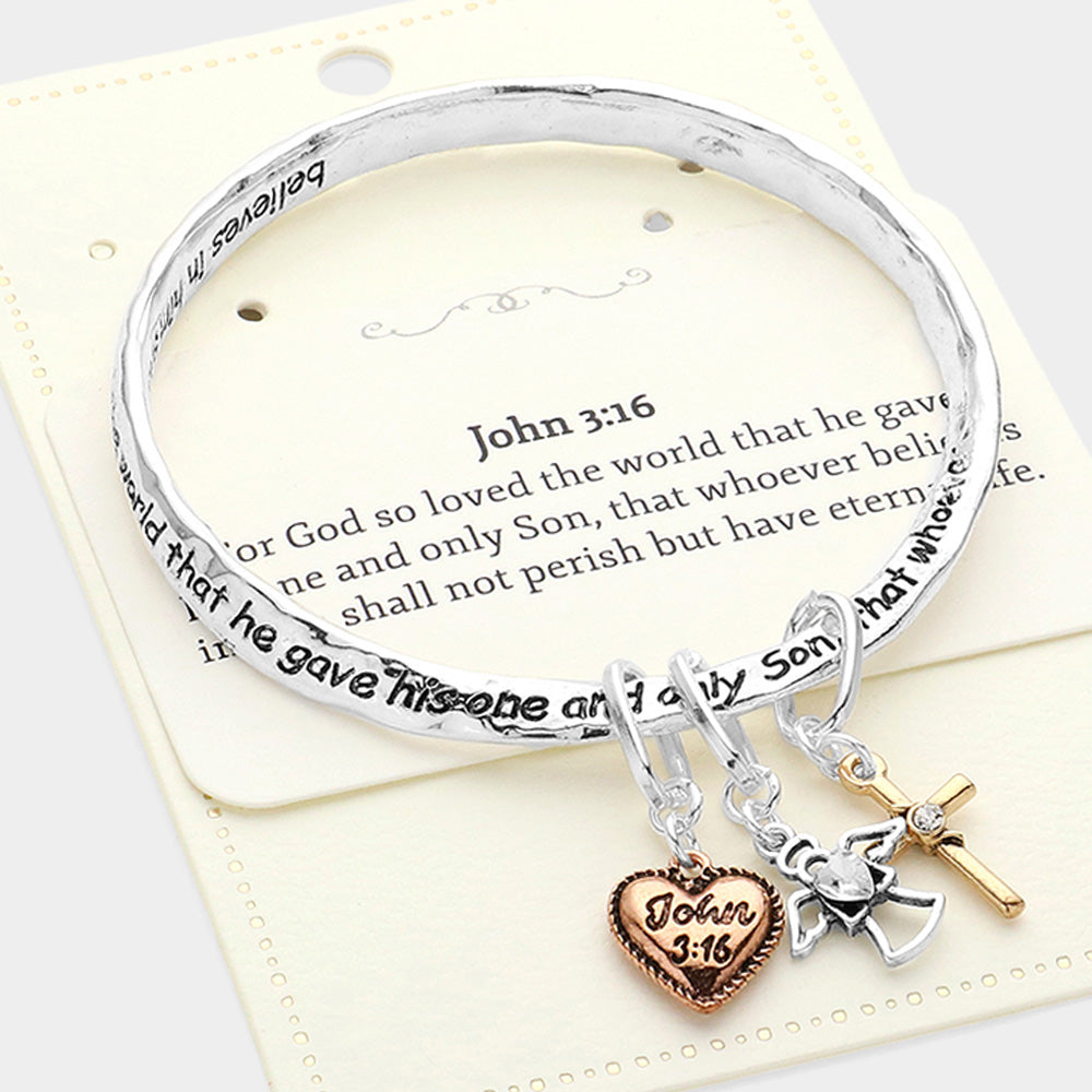 Madeline Love Three Tone John 3:16 Message Heart Angel Cross Charm Bangle Bracelet - Bracelets