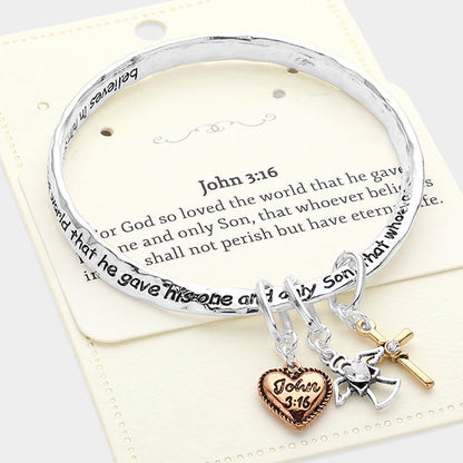 Madeline Love Three Tone John 3:16 Message Heart Angel Cross Charm Bangle Bracelet - Bracelets