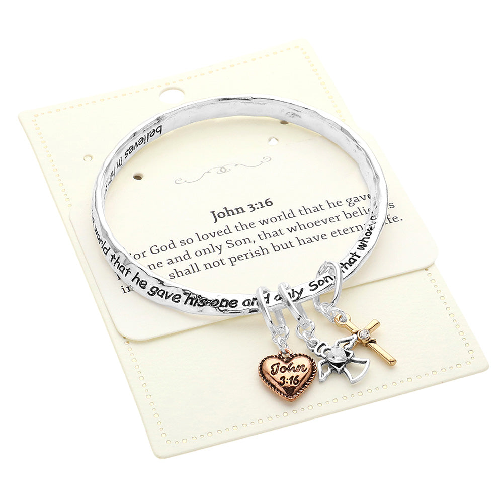 Madeline Love Three Tone John 3:16 Message Heart Angel Cross Charm Bangle Bracelet - Bracelets - desc