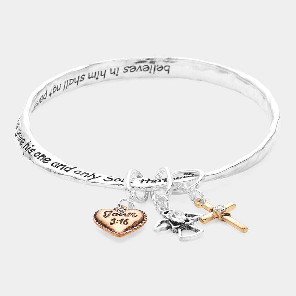 Madeline Love Three Tone John 3:16 Message Heart Angel Cross Charm Bangle Bracelet - Bracelets - extra