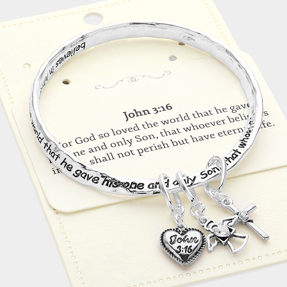 Madeline Love Antique Silver John 3:16 Message Heart Angel Cross Charm Bangle Bracelet - Bracelets