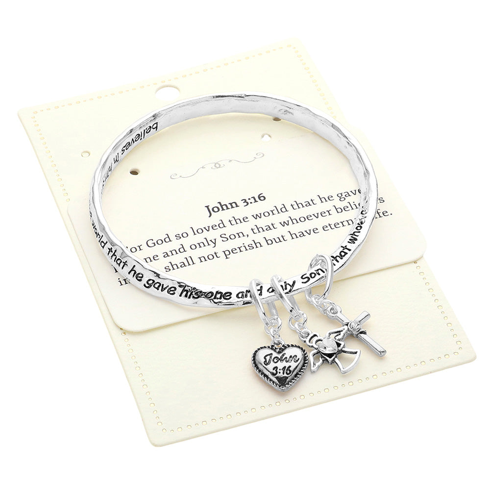 Madeline Love Antique Silver John 3:16 Message Heart Angel Cross Charm Bangle Bracelet - Bracelets - desc