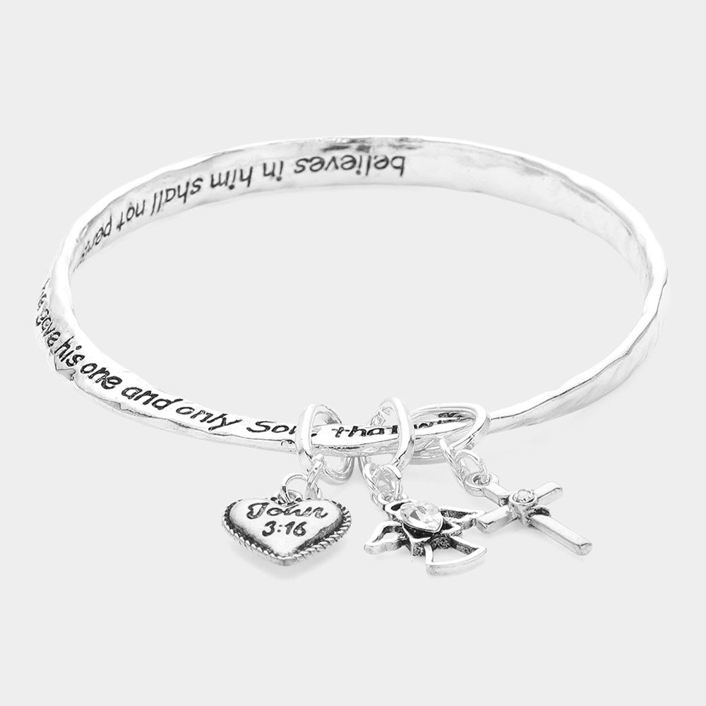 Madeline Love Antique Silver John 3:16 Message Heart Angel Cross Charm Bangle Bracelet - Bracelets - extra