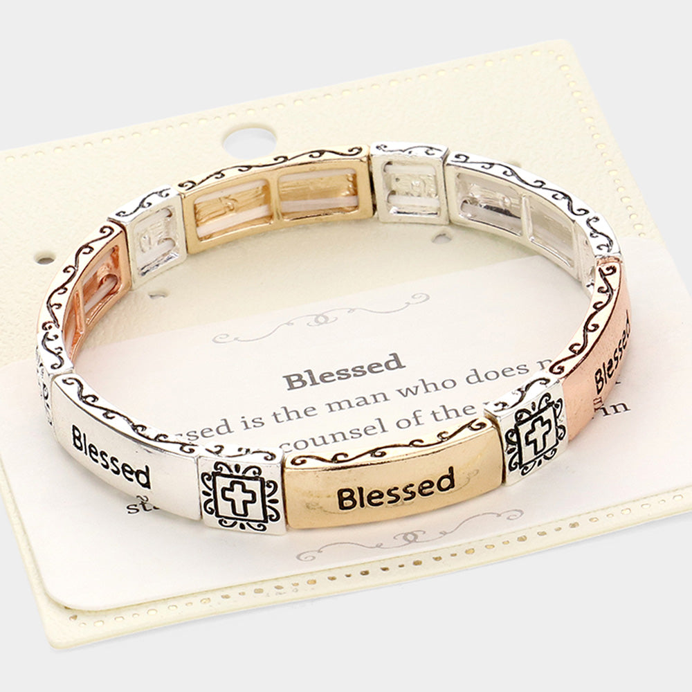 Madeline Love Three Tone Blessed Message Metal Stretch Bracelet - Bracelets