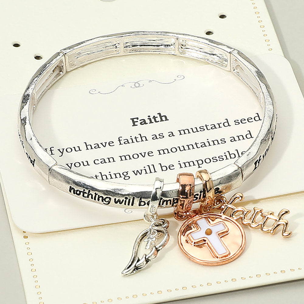 Madeline Love Three Tone FAITH Message Cross Medal Angel Wing Charm Stretch Bracelet - Bracelets