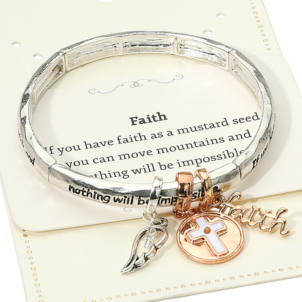 Madeline Love Three Tone FAITH Message Cross Medal Angel Wing Charm Stretch Bracelet - Bracelets - desc