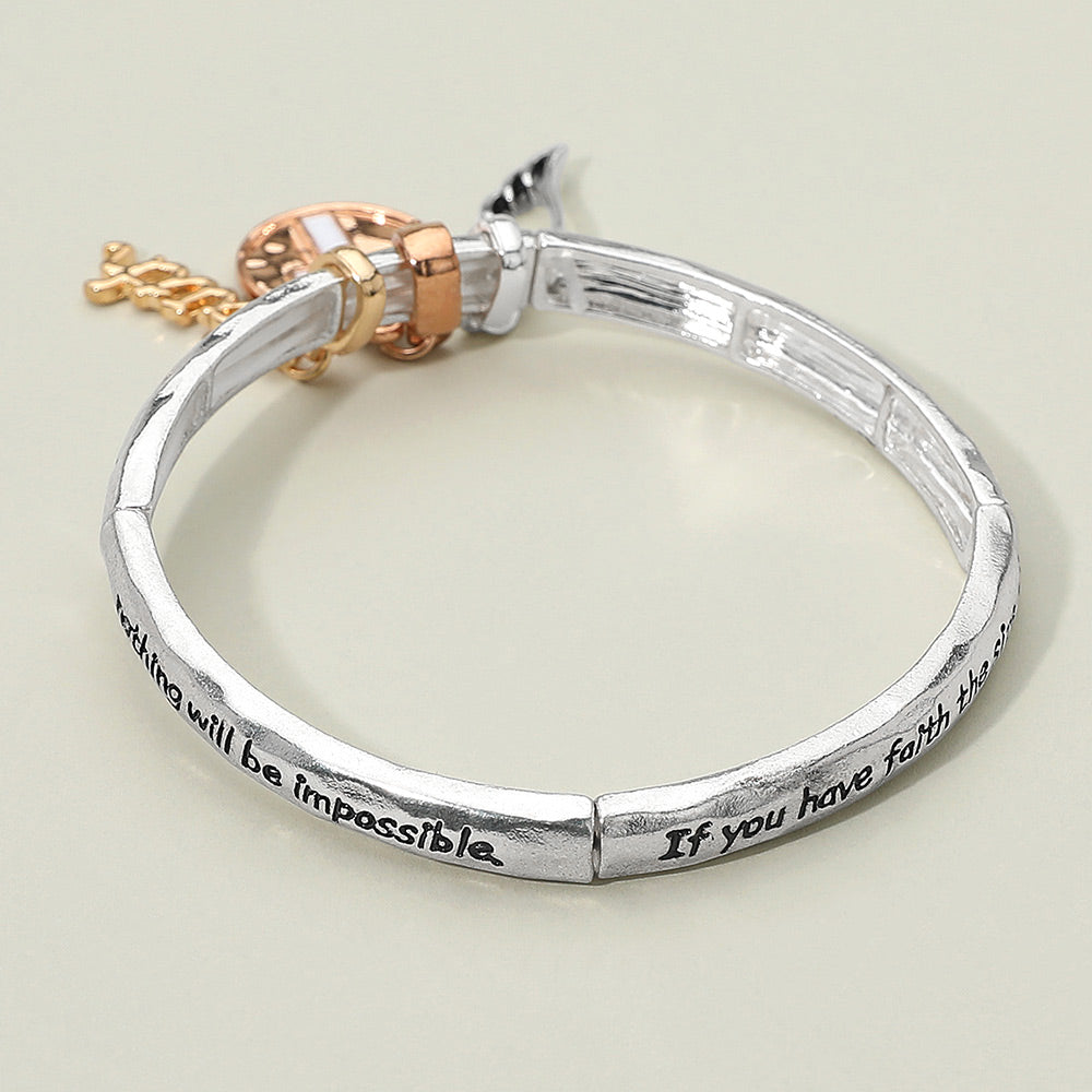 Madeline Love Three Tone FAITH Message Cross Medal Angel Wing Charm Stretch Bracelet - Bracelets - extra