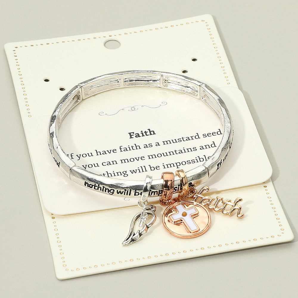 Madeline Love Three Tone FAITH Message Cross Medal Angel Wing Charm Stretch Bracelet - Bracelets - extra