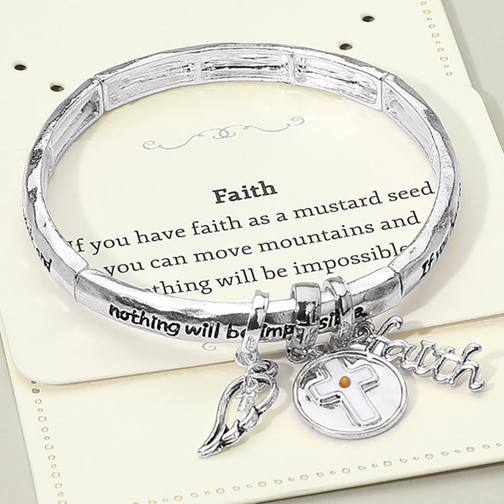Madeline Love Antique Silver FAITH Message Cross Medal Angel Wing Charm Stretch Bracelet - Bracelets