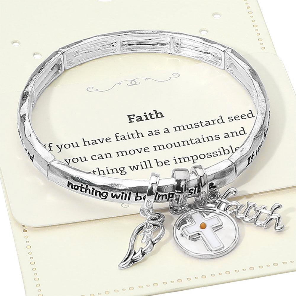 Madeline Love Antique Silver FAITH Message Cross Medal Angel Wing Charm Stretch Bracelet - Bracelets - desc