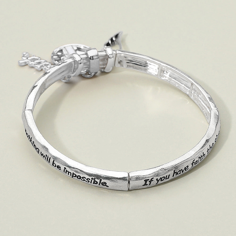 Madeline Love Antique Silver FAITH Message Cross Medal Angel Wing Charm Stretch Bracelet - Bracelets - extra