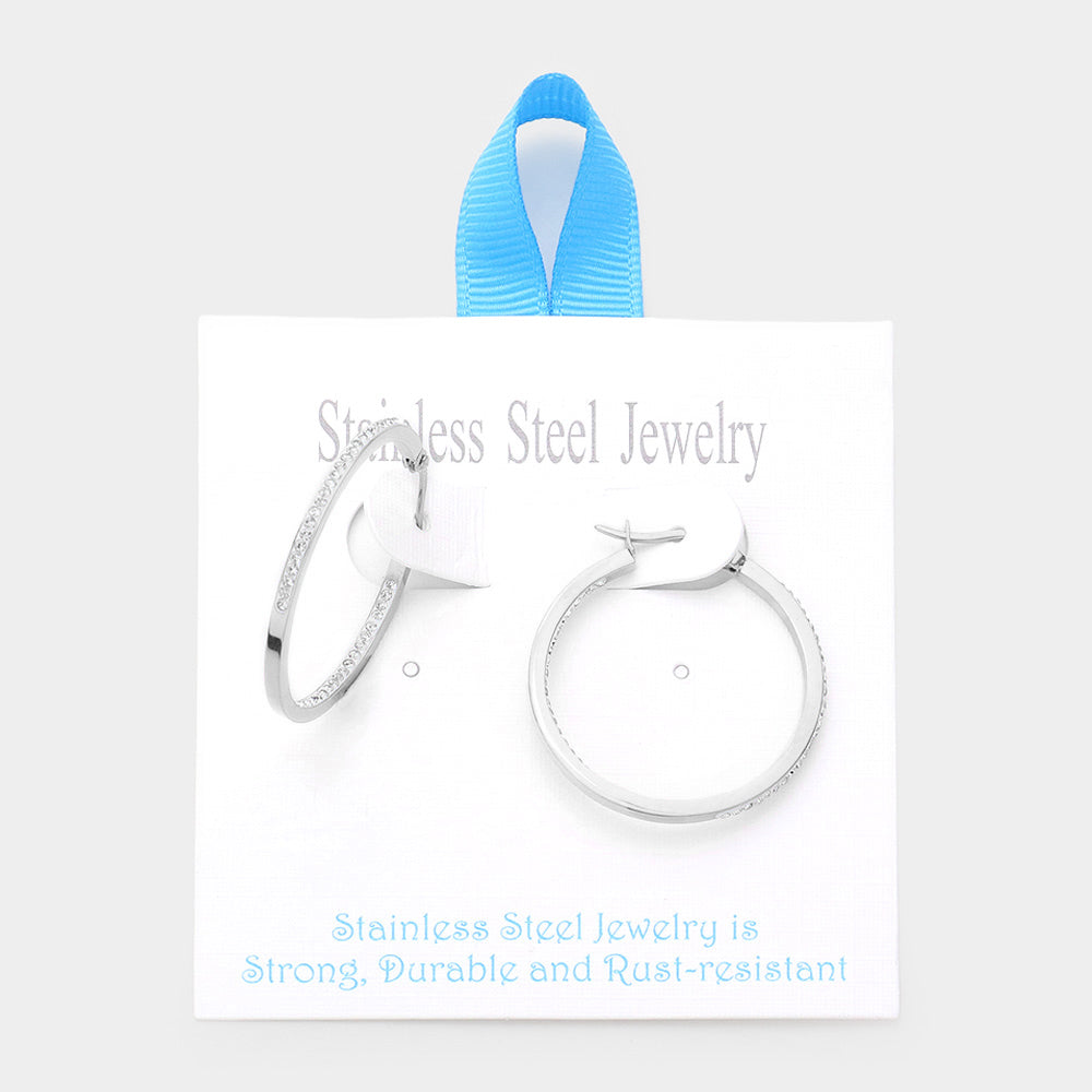 Madeline Love Rhodium Stainless Steel 1.25 Inch Inside Out Rhinestone Hoop Pin Catch Earrings