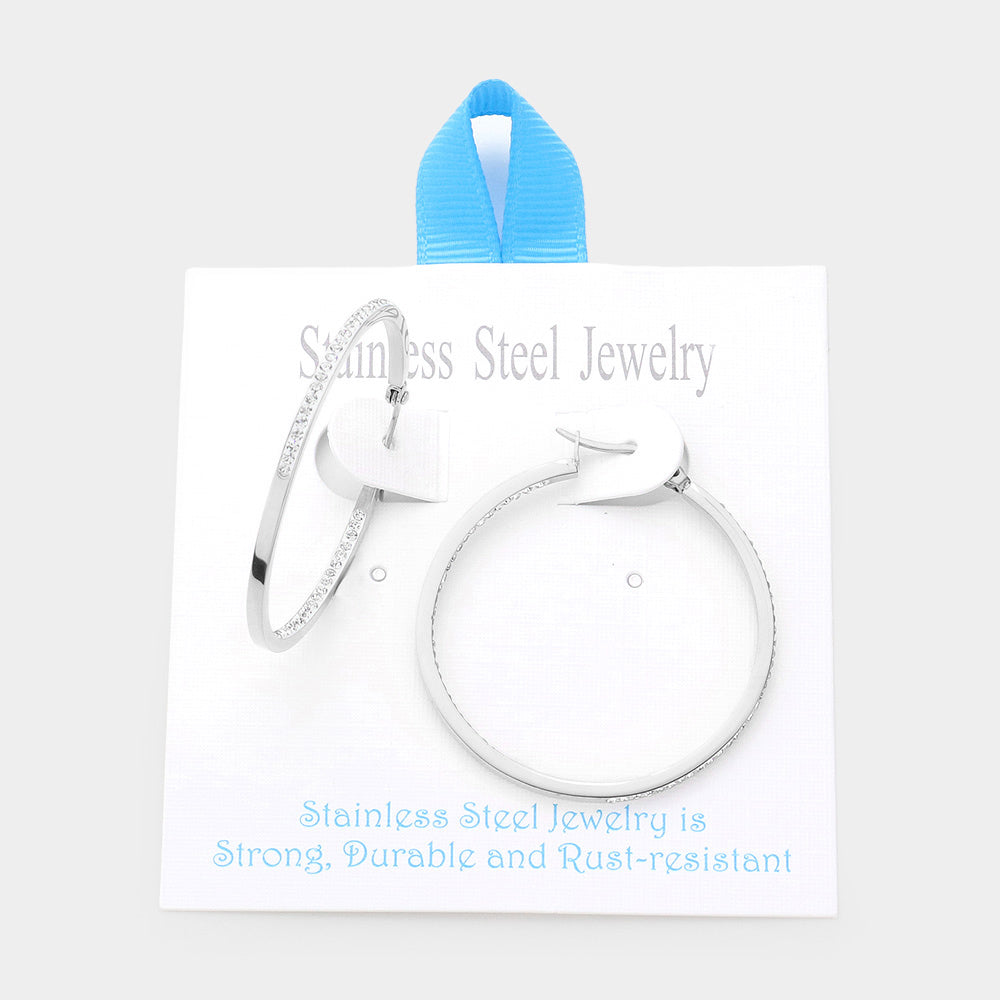 Madeline Love Rhodium Stainless Steel 1.7 Inch Inside Out Rhinestone Hoop Pin Catch Earrings