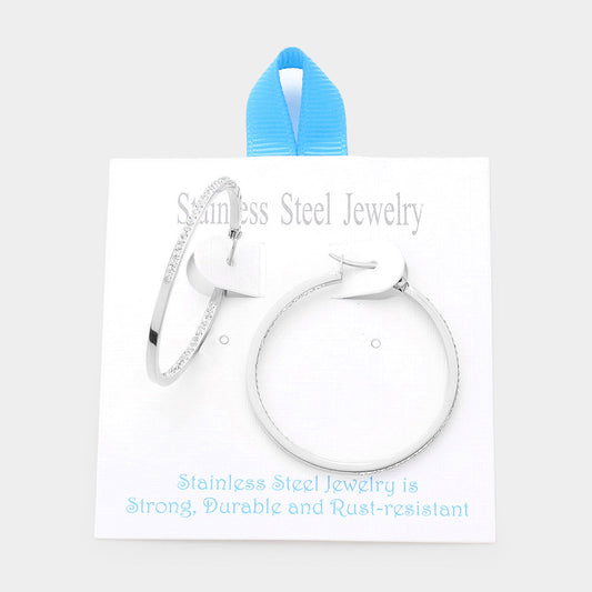 Madeline Love Rhodium Stainless Steel 1.7 Inch Inside Out Rhinestone Hoop Pin Catch Earrings