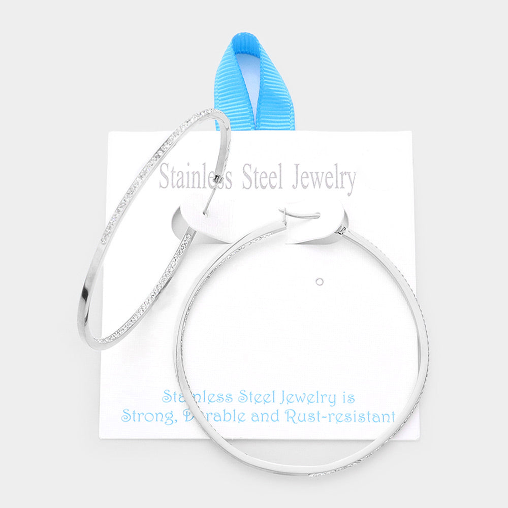 Madeline Love Rhodium Stainless Steel 2.5 Inch Inside Out Rhinestone Hoop Pin Catch Earrings