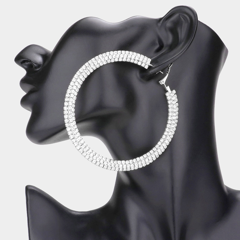 Madeline Love Rhodium 3.25 Inch Rhinestone Hoop Earrings