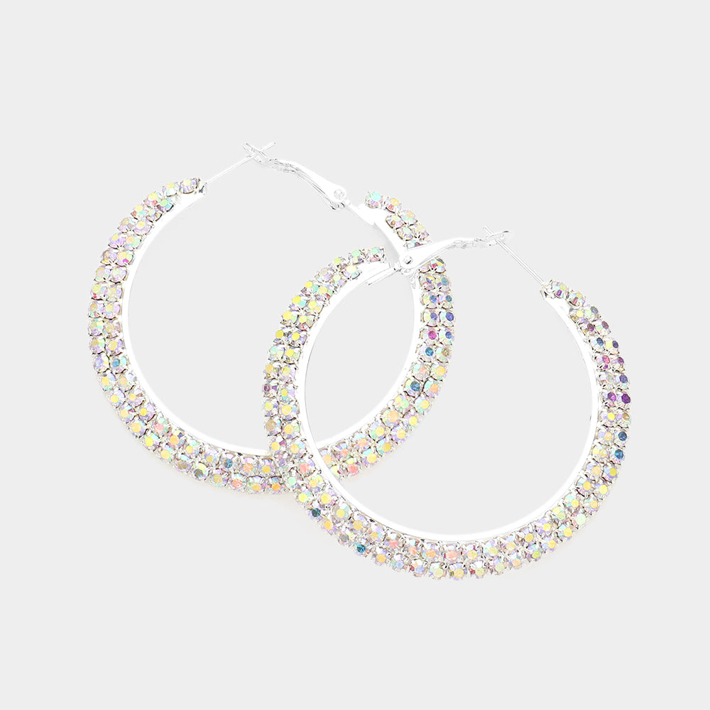 Madeline Love AB, Silver Crystal Rhinestone 2 Inch Hoop Earrings