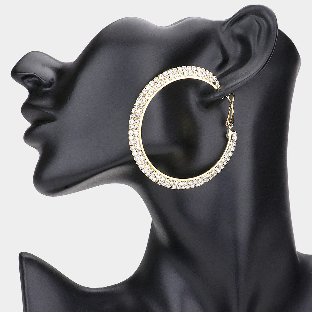 Madeline Love Clear, Gold 2 Row Crystal Rhinestone Hoop Earrings