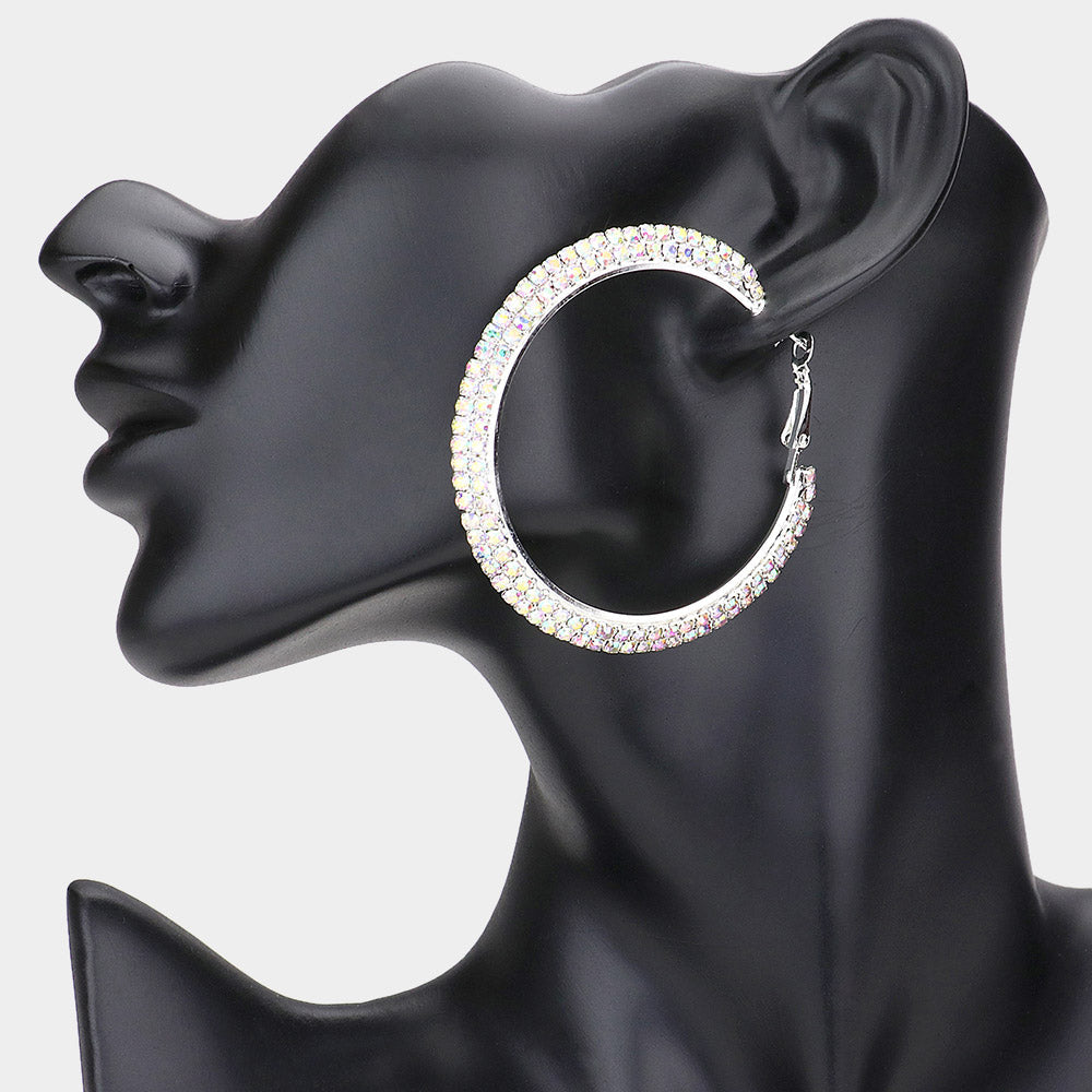 Madeline Love AB, Silver 2 Row Crystal Rhinestone Hoop Earrings