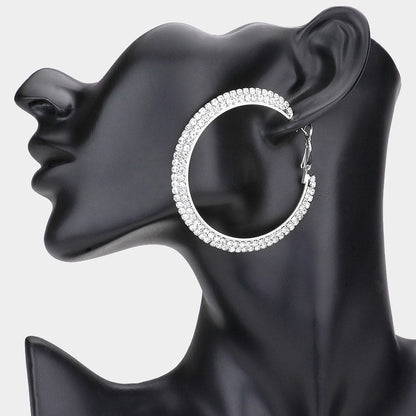 Madeline Love Clear, Silver 2 Row Crystal Rhinestone Hoop Earrings