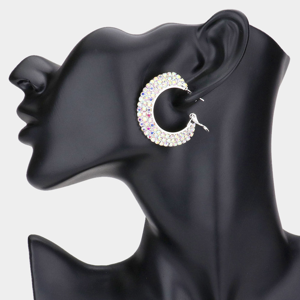 Madeline Love AB, Silver Crystal Rhinestone 1.5 Inch Hoop Earrings