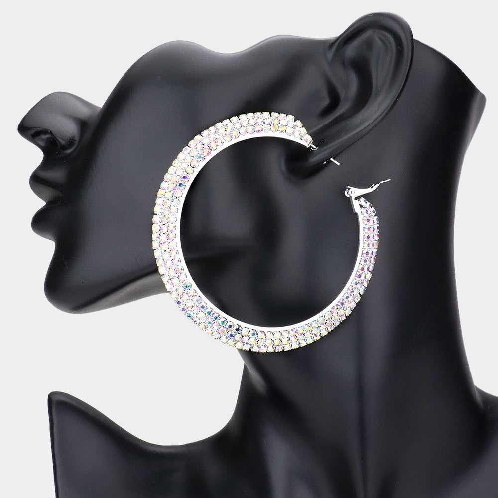 Madeline Love AB, Silver Crystal Rhinestone 2.8 Inch Hoop Earrings