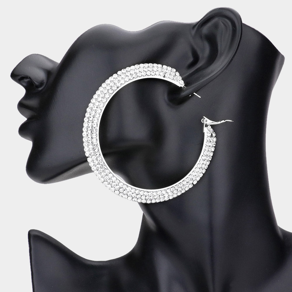 Madeline Love Silver Crystal Rhinestone 2.8 Inch Hoop Earrings