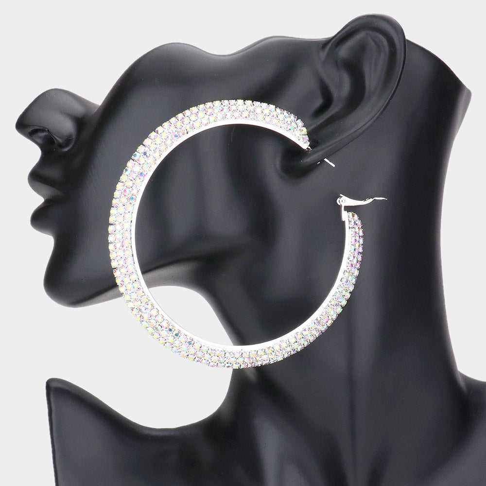 Madeline Love AB, Silver Crystal Rhinestone 3.25 Inch Hoop Earrings