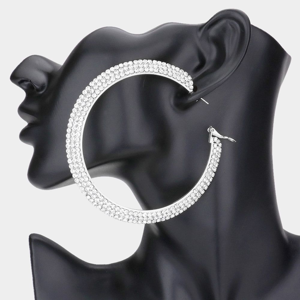 Madeline Love Silver Crystal Rhinestone 3.25 Inch Hoop Earrings