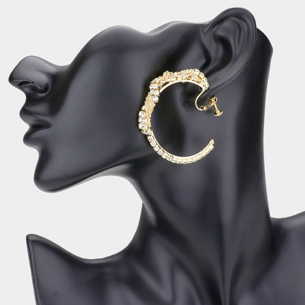 Madeline Love Clear, Gold Crystal Rhinestone Chain Hoop Clip On Earrings