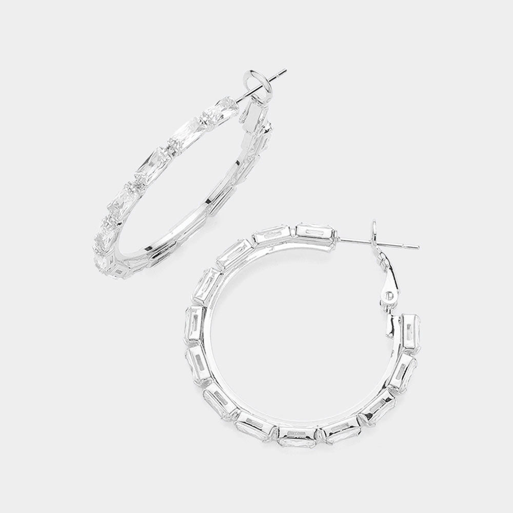 Madeline Love Clear, Silver Rectangle Stone Cluster Hoop Earrings