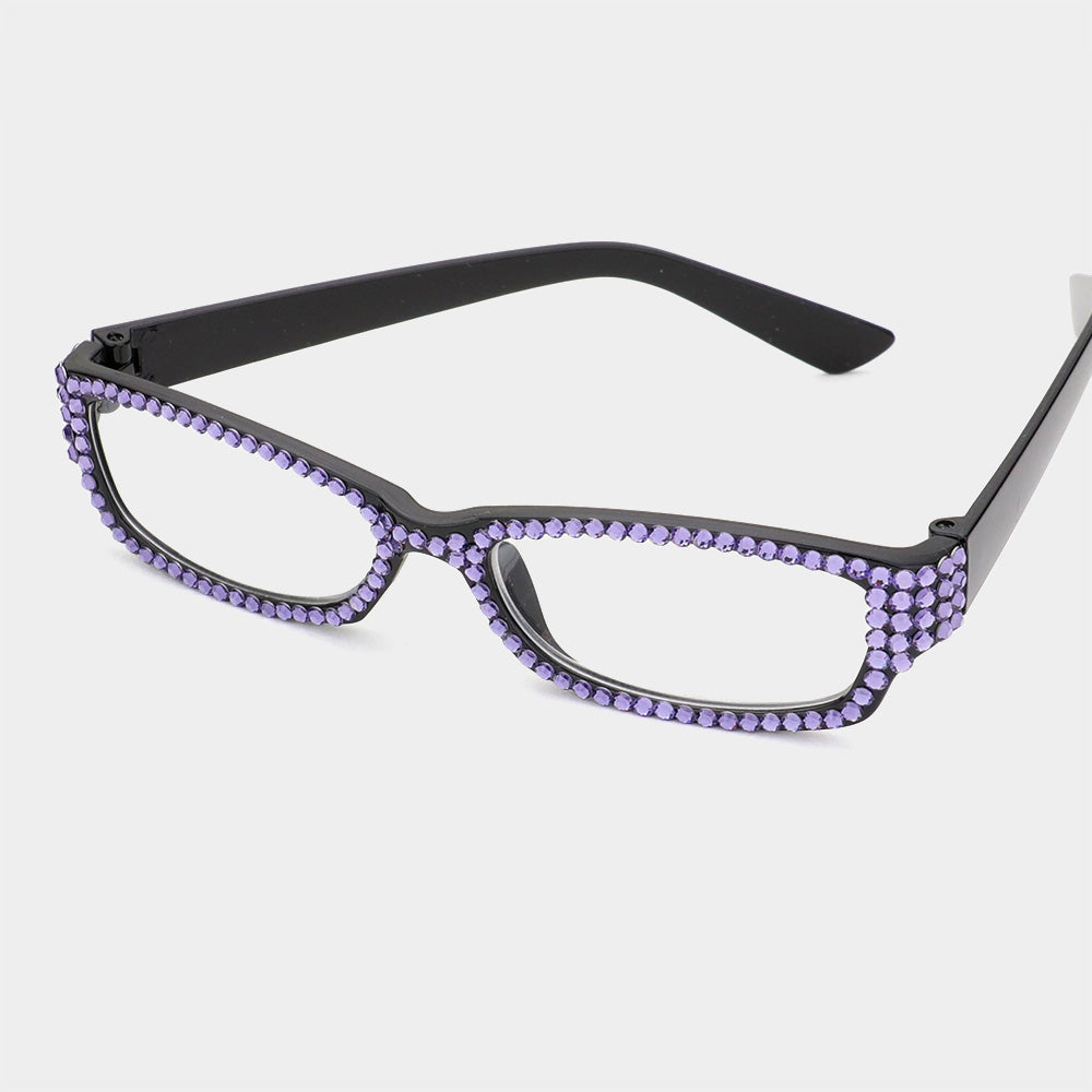 Madeline Love Black, Tanzanite Crystal Pave Rectangular Reading Glasses - Sunglasses