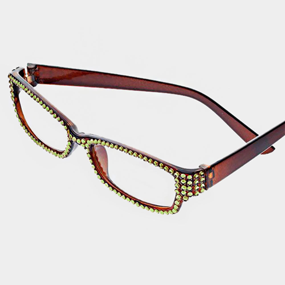 Madeline Love Brown, Olive Green Crystal Pave Rectangular Reading Glasses - Sunglasses
