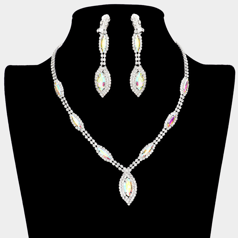 Madeline Love AB, Silver Marquise Crystal Rhinestone Drop Necklace Clip On Earring Set - Jewelry